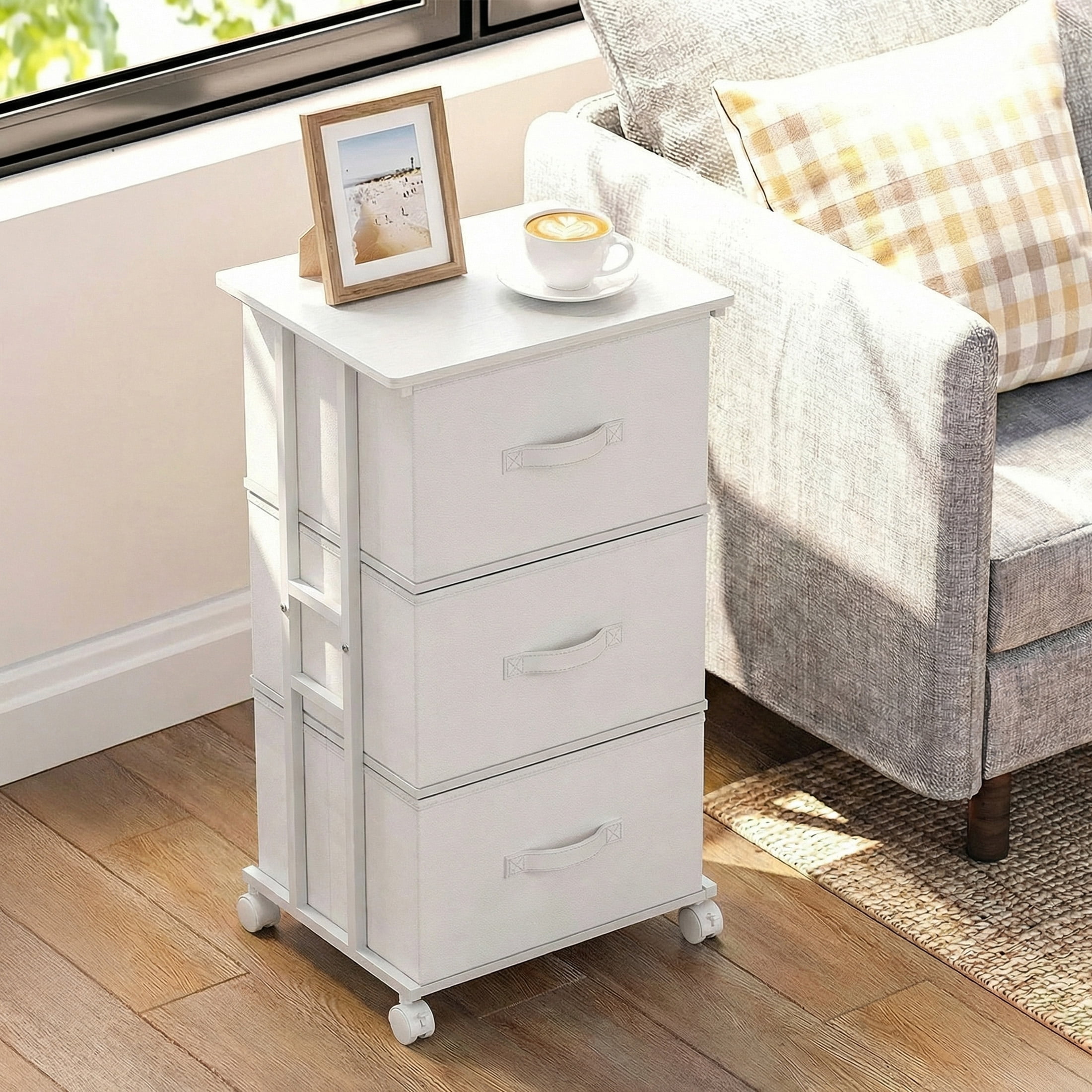 CONCETTA Dresser Storage with 3 Drawers, Storage with Wheels for Bedroom, Home Office, White