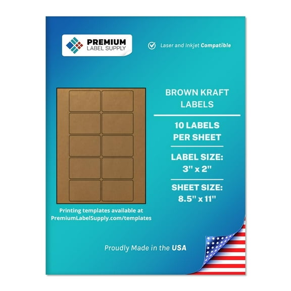 Premium Label Supply Brown Kraft Sticker Labels – 3” x 2" – Laser/Inkjet Compatible – (10 Labels/Sheet), 25 Sheets – 250 Total Adhesive Labels