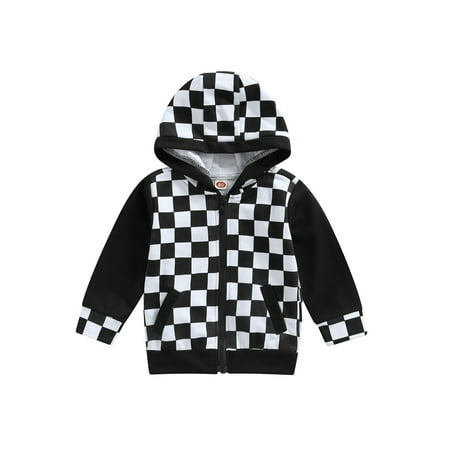 

Bagilaanoe Toddler Baby Boy Girl Hooded Jacket Checkerboard Print Long Sleeve Zipper Sweatshirt with Pockets 6M 12M 18M 24M 3T 4T Kids Fall Casual Outwear
