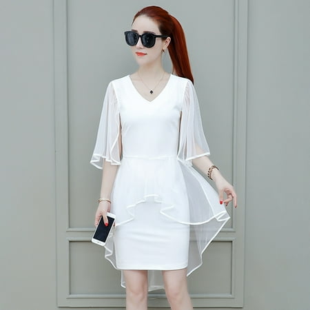 Piece Chiffon Dress - Women Simple Solid Color Fake Two Pieces V-neck Chiffon Dress white M