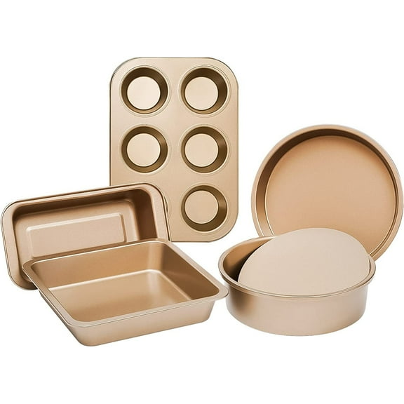 5 Piece Baking Pans Set, Oven Safe Baking Sheet Set Carbon Steel Bakeware Baking Set Includes Cake Pans,Loaf Pan,Cup Muffin Pan,Pizza Pan,Baking Nonstick Set (Gold)