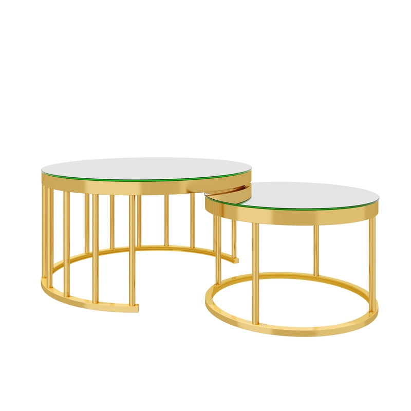Round Nesting Coffee Table Set of 2, Modern Golden Metal Frame Accent Circular Cocktail Table with Mirrored Table Top