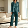 thumbnail image 2 of Women Silk Pajamas Set, Long Sleeve Satin Pajamas for Women Sleepwear Button Down Pjs Set Two-piece Green L(L), 2 of 6