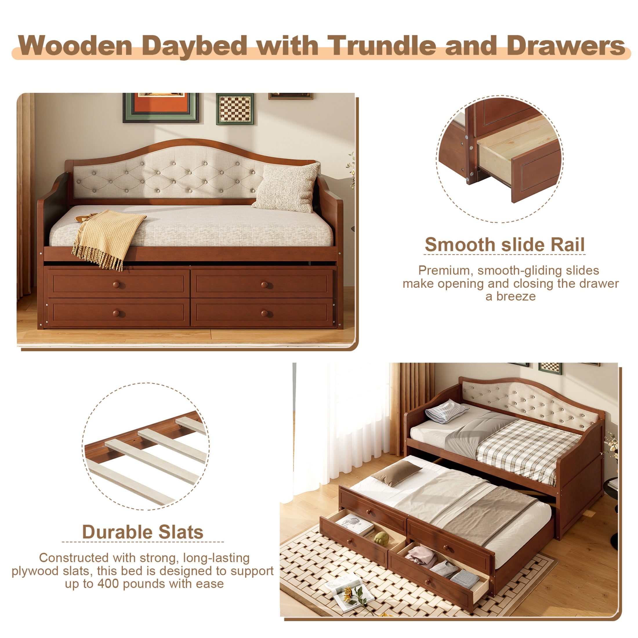 Noble House Twin Daybed with Trundle, 2 Storage Drawers, Upholstered Tufted Backrest, Walnut