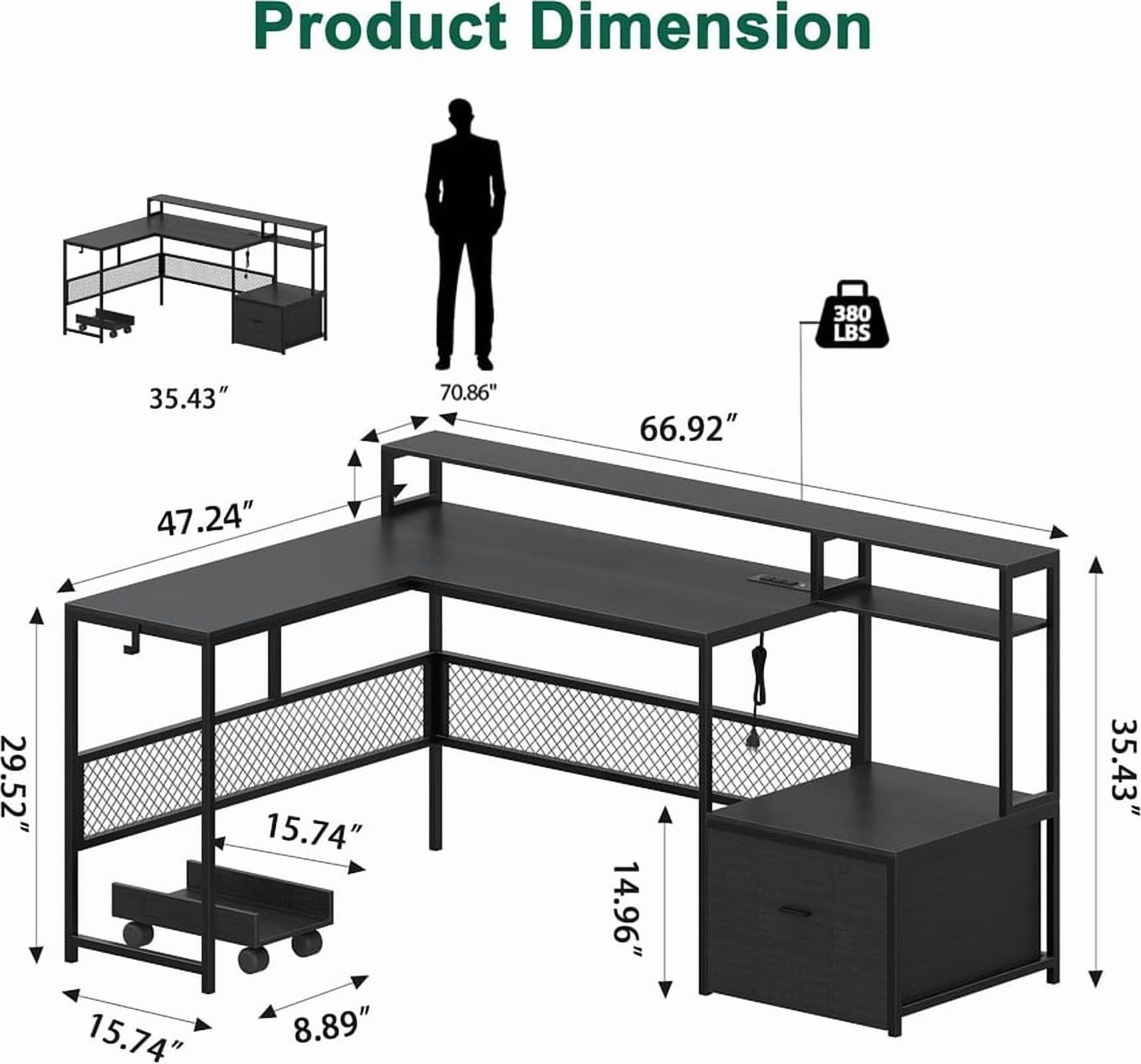 Someet L-Shaped Office Desk with Power Outlets and Lockers, Modern Simple Style 66" Computer Desk with Monitor Stand, Black
