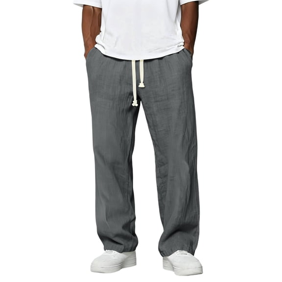 GrmtClth Cotton Linen Pants for Men Casual Beach Pant Drawstring Waist Baggy Linen Trousers Summer Lightweight Travel Dress Pant with Deep Pockets Dark Gray L