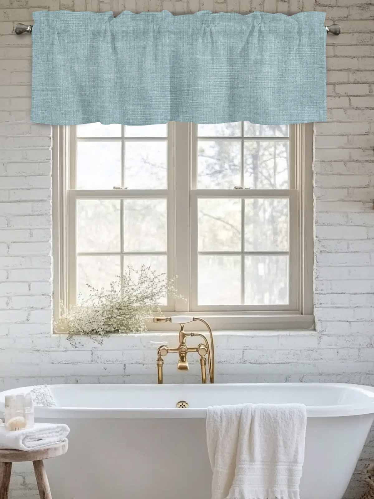 Curtain Valance for Windows, Light Blue Vintage Linen Kitchen Valances Rod Pocket Short Curtains, Solid Color Window Valance for Bedroom Bathroom Living room 60x18in