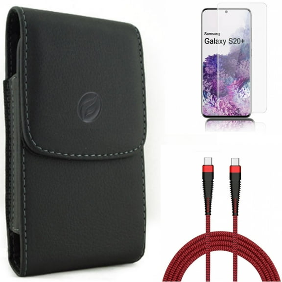 Screen Protector w 10ft PD Cable w Case Belt Clip for Samsung Galaxy S20 Plus - Tempered Glass [Fingerprint Unlock] 3D Curved Edge, Type-C to USB-C Charger Cord Power, Leather fits Galaxy S20 Plus