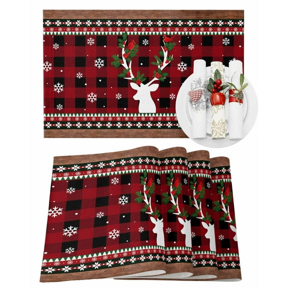 Christmas Deer Placemats Set of 8 Snowflake Cardinal Berry Leaf Plaid Heat Insulation Washable Place Mats, Rustic Non-Slip Table Mats for Dining Table Party Kitchen Decor,13x19 Inch