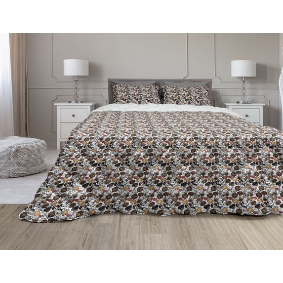 Dog Comforter & Sham Bedding Set, Cartoon Style Dog Breed Portrait Design with Cartoon Drawings and Hearts Theme, 3 pcs Duvet Set Microfiber Filling Quilt, 5 Sizes, Multicolor, by Ambesonne