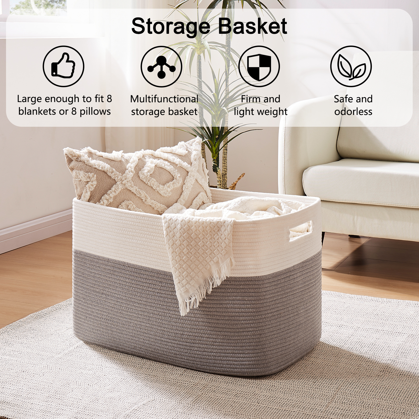 CHERISHGARD 100L Large Rectangle Blanket Basket，Cotton Rope Baskets for Storage, Woven Laundry Basket for Toys