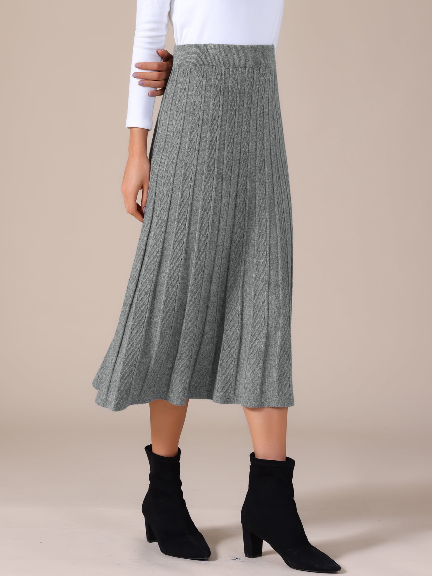 DARING DIVA Women's Sweater Pleated A Line Knit Midi Skirt Large Grey
