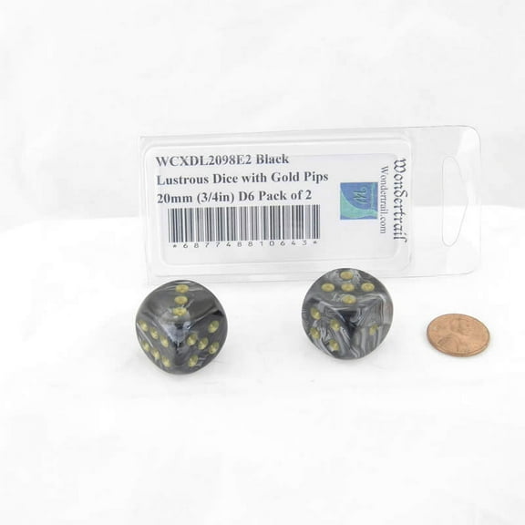 Black Lustrous Dice with Gold Pips 20mm (3/4in) D6 Pack of 2 Wondertrail
