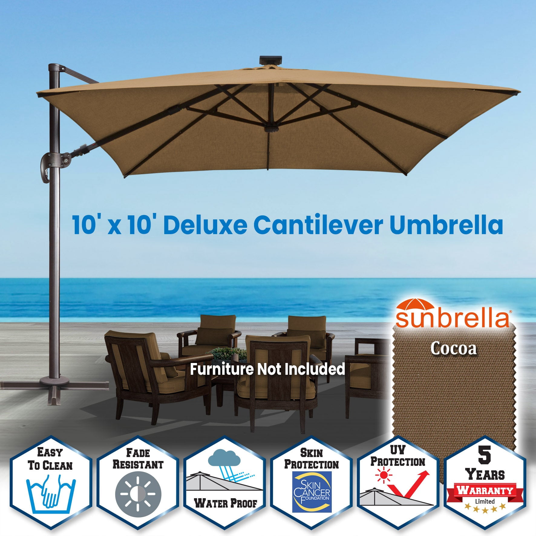 SUNRISEUMBRELLA Square 10'x10' Deluxe Roma square cantilever umbrella, With LED light(Cocoa)