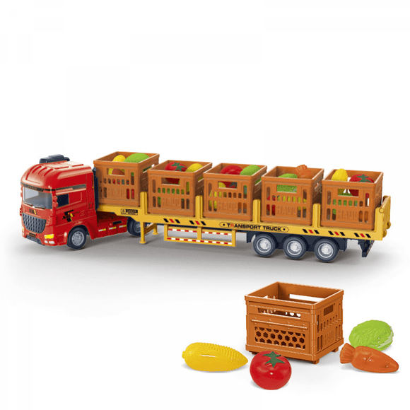Food Transport Truck Trailer Toy for Age 3-8 Kids, Transport Car with Cargo Box and Pretend Play Vegetable for Boys Girls Birthday Gifts