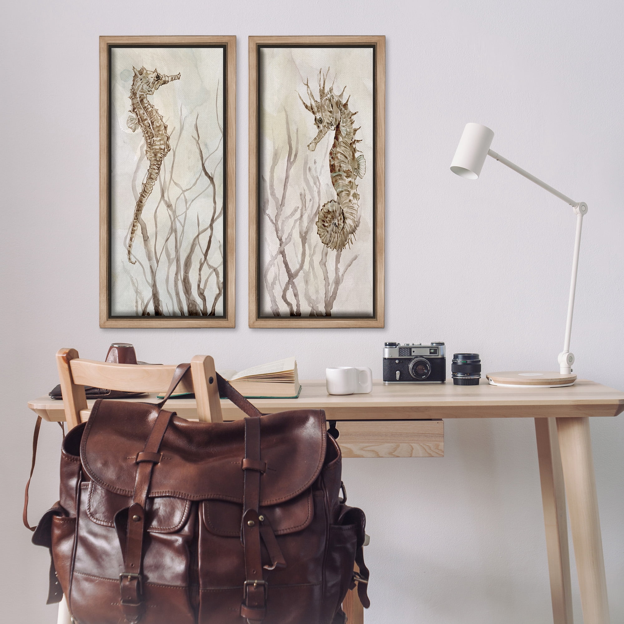 Stupell Industries Enchanted Sea Horse & Ocean Algae Animals & Insects Painting Brown Floater Framed Canvas Art Print Wall Art, 15 x 31, Set of 2