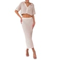 thumbnail image 2 of Douhoow 2 Piece Women Knitted Beach Outfits Set Summer Hollow Out Short Sleeve Lapel Crop Top Shirts + Long Skirts, 2 of 8