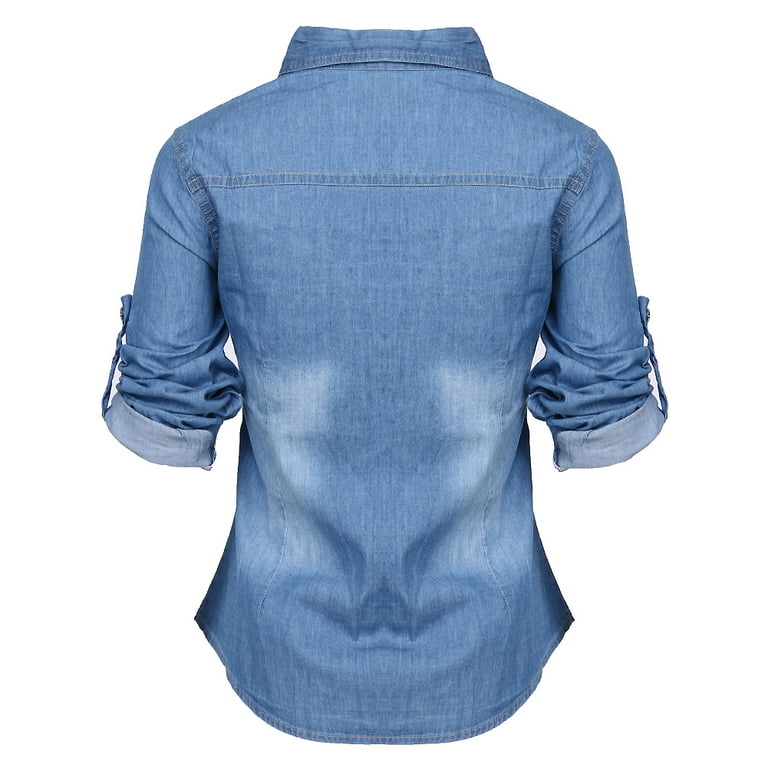 Womens Pockets Blue Loose Jean Soft Denim Blouse Jumper V-neck