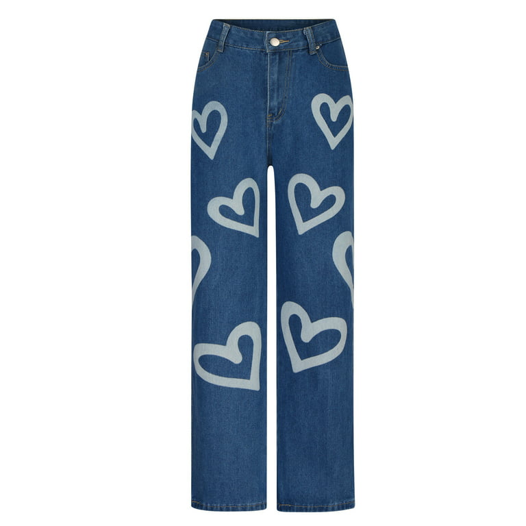 Womens Cargo Jeans Heart Printed Straight Leg 90s Denim Pants for Women  Streetwear Going out Jean Trousers (Small, Light Blue) 