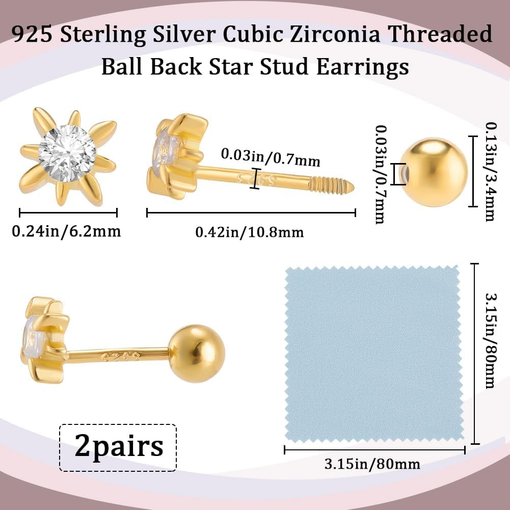 4Pcs North Star Earrings 925 Sterling Silver Star Cubic Zirconia Stud Earrings with Screw Ball Backs Tiny 5 x 5mm Clear