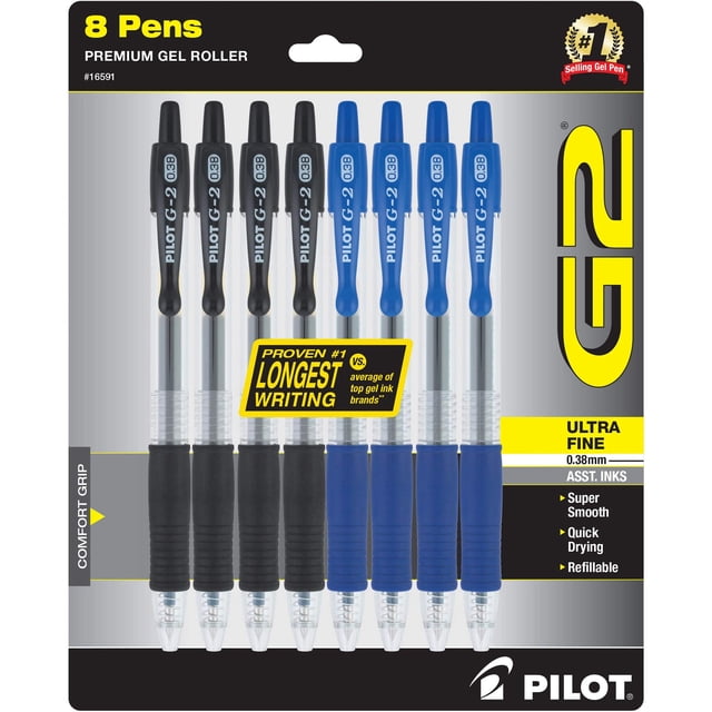 Bolígrafos roller de gel PILOT G2 ultra finos 0,38 mm, paquete de 8