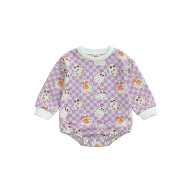 Gupgi Bébé Fille Halloween Chandail en Molleton Barboteuse à Carreaux Ghost Imprimé Combinaison Bébé Col Rond Manches Longues Justaucorps Violets
