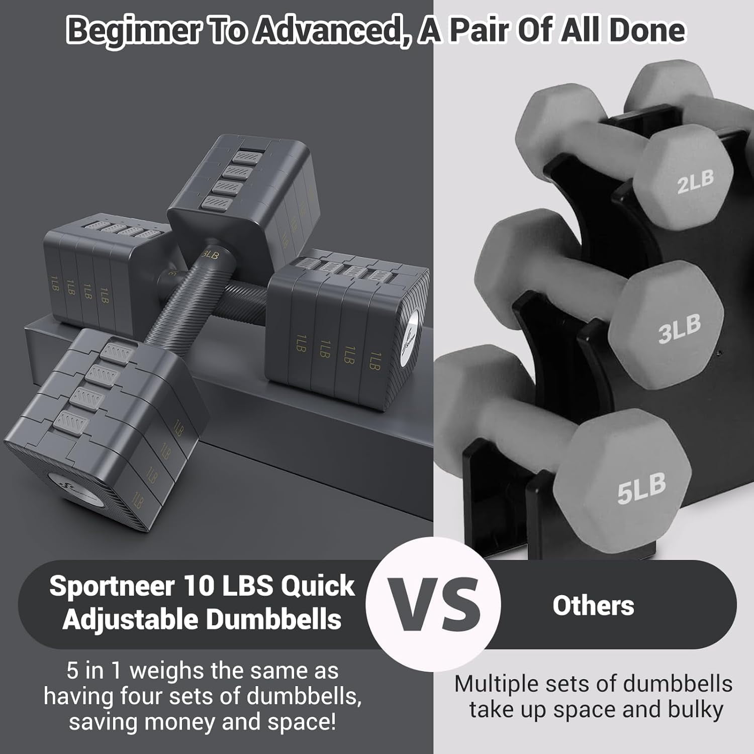 Adjustable Dumbbells Set of 2, 5-in-1 Weight Adjustment 3-11 lbs Each for Home Gym Workout Strength Training