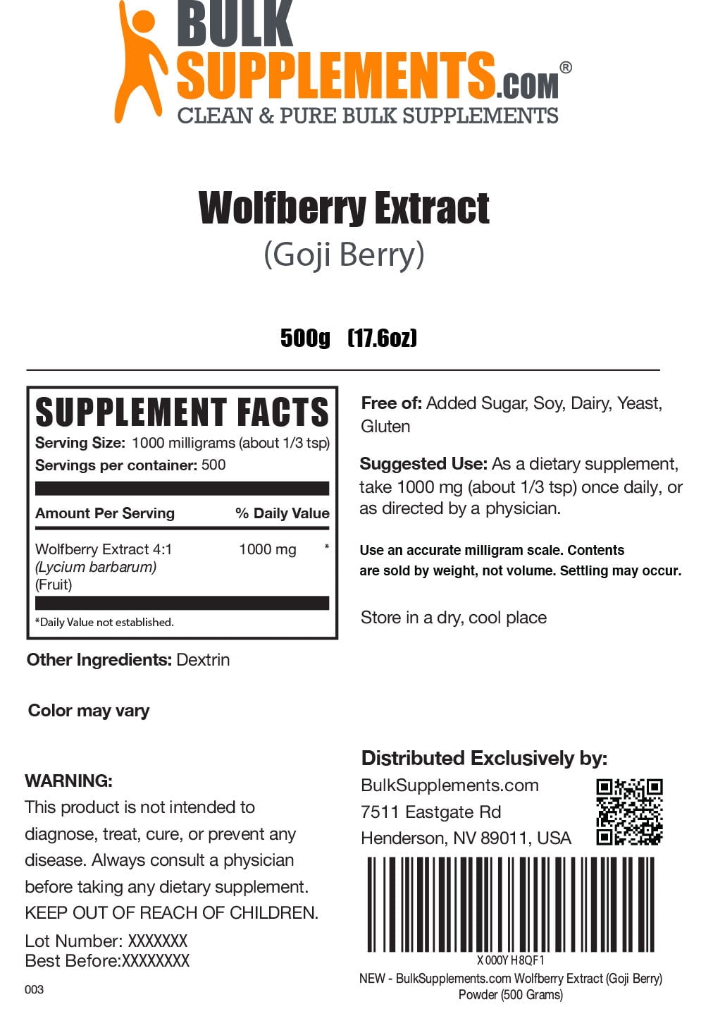 BulkSupplements Wolfberry Extract (Goji Berry) Powder - 1g per Serving - 500 Grams (1.1 lbs) - 500 Servings