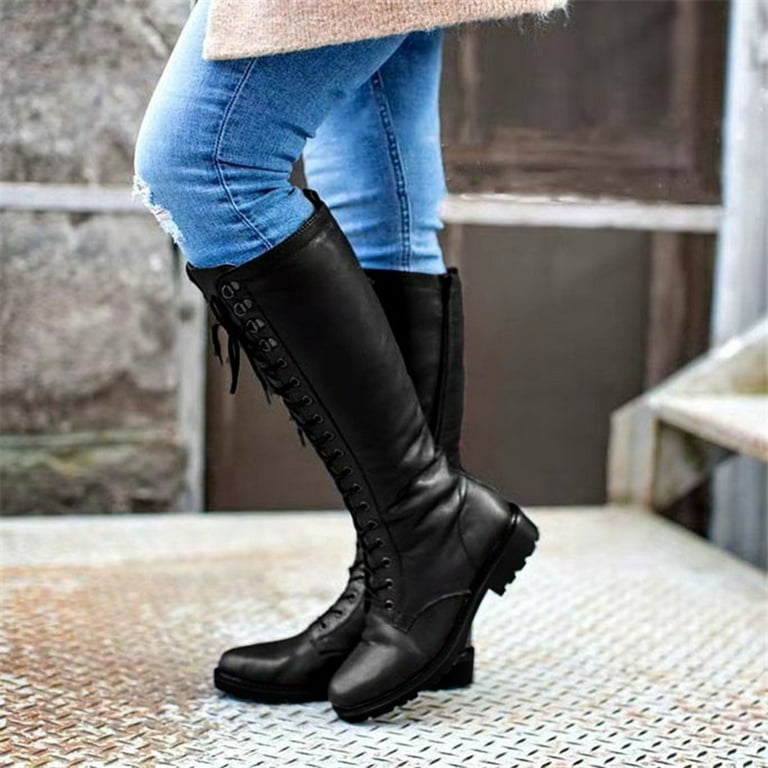 ZHAGHMIN Women S Knee High Riding Boots 2023 Fashion Lace Up Platform Soft Leather Tight High Fall Boots Round Toe Wide Calf Black Boots Black Size38