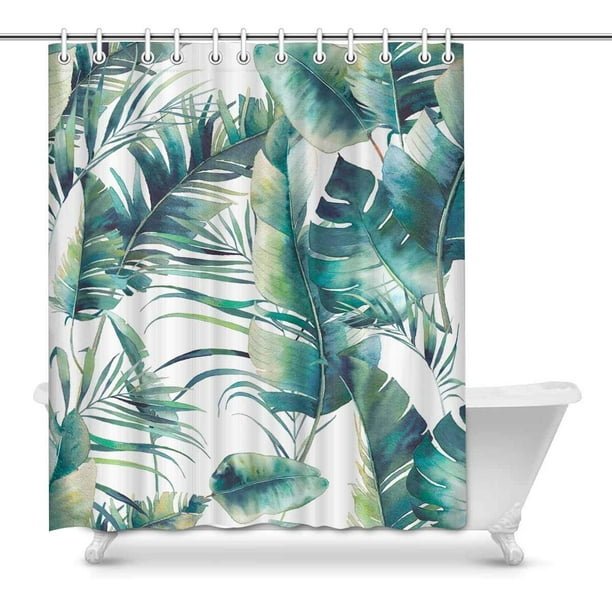ARTJIA Summer Palm Tree Shower Curtain, Banana Leaves Polyester Fabric