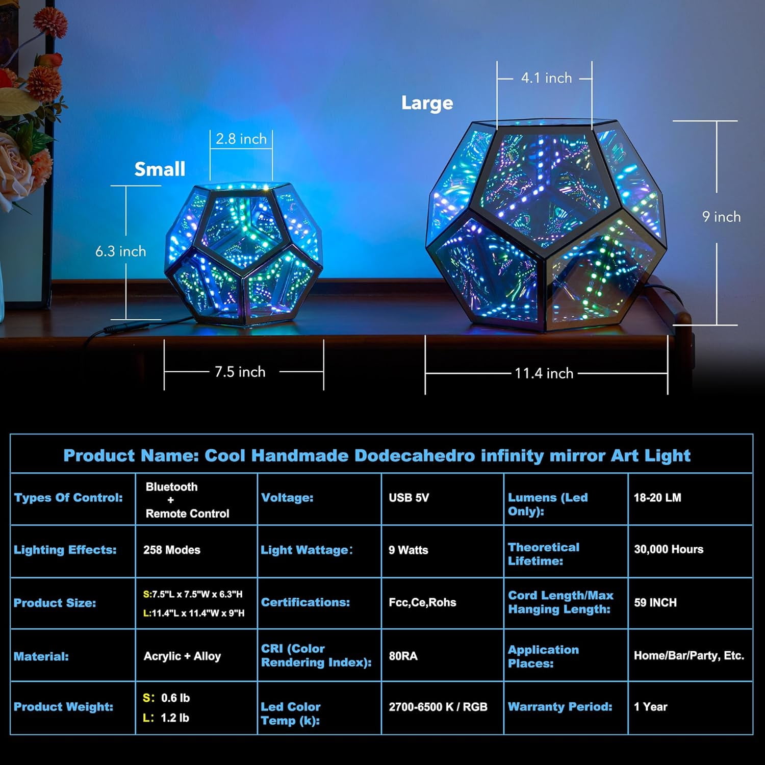Large Infinity Dodecahedron Gaming Light, Cool RGBW Led Desk Table Lamp Light for Bedroom Gaming Room Decor, Unique Colorful Mood Changing Ambient Night Lighting lamp Adult Men Birthday Gift