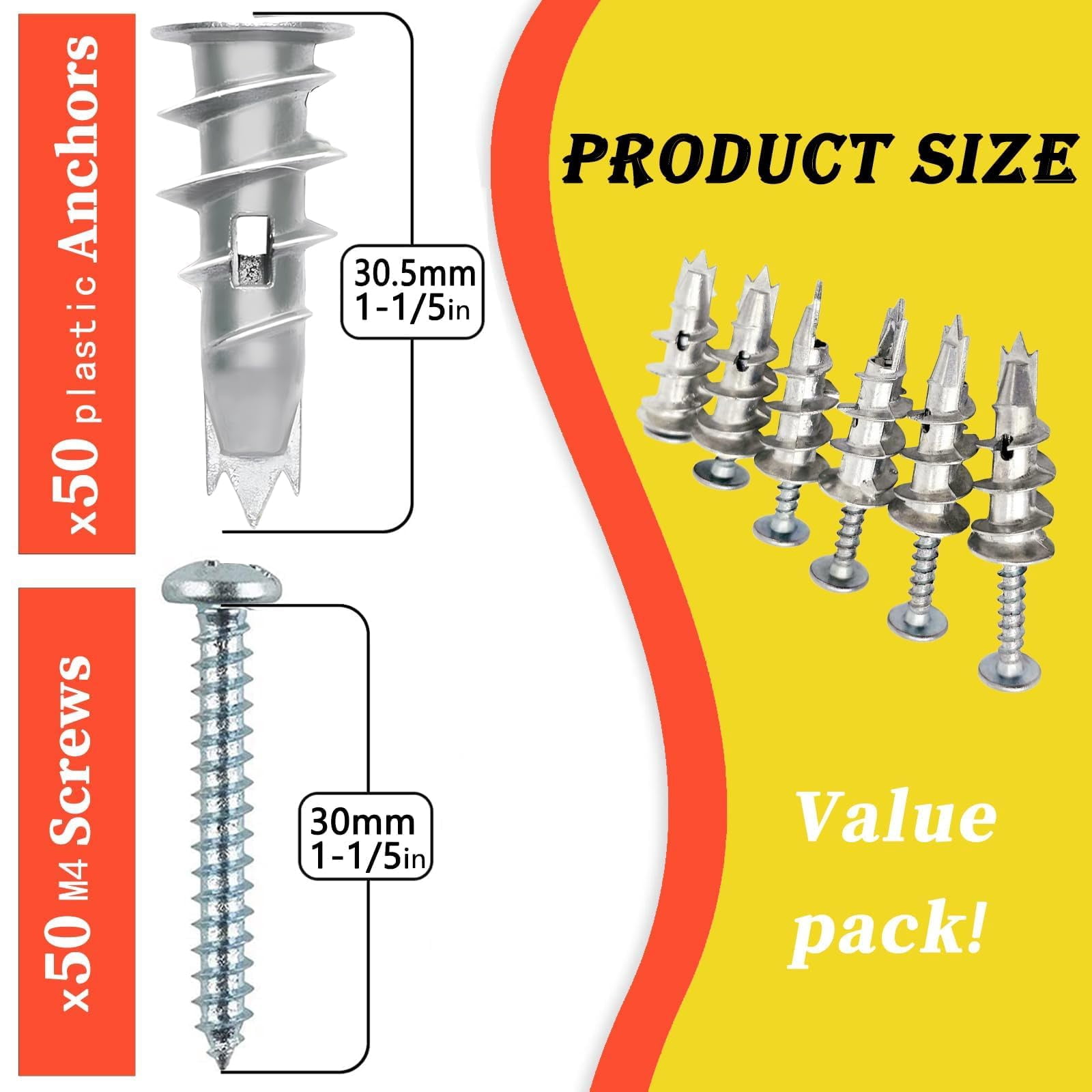 100PCS Zinc Self-Drilling Drywall Anchors, 50 Heavy Duty Hollow Metal Wall Anchors and 50#8 x 1-1/4'' Screws, Sheetrock Anchors and Screws Kit (White)