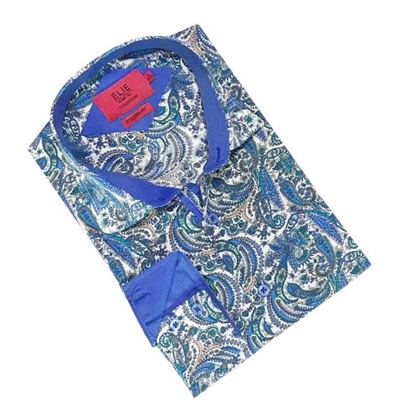 Elie Balleh Baby Blue Paisley Men's Dress Casual Button Down Shirt