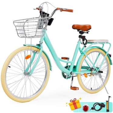 26 inch Commuter Bicycle for Adult Men and Women, Comfortable City Bikes with Rear Rack and Basket, Green