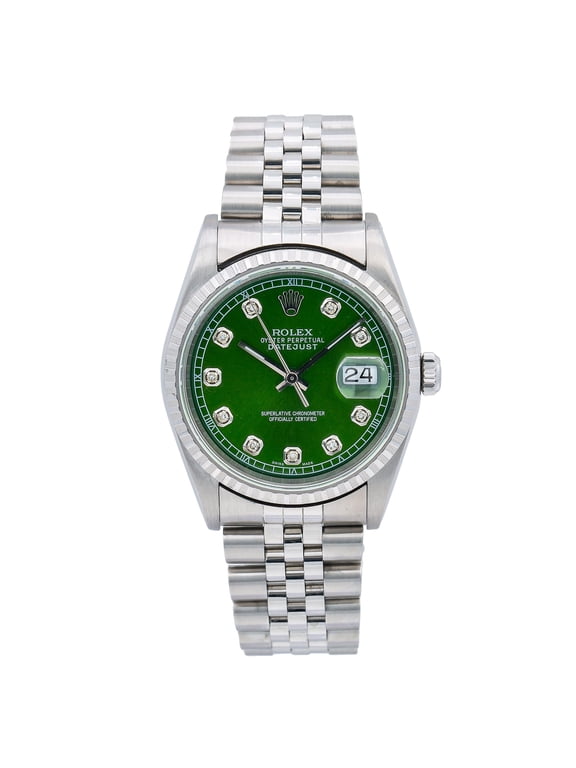 Pre-Owned Rolex Datejust 36MM 16220 Green Diamond Dial Engine Turned Bezel Stainless Steel Jubilee Bracelet