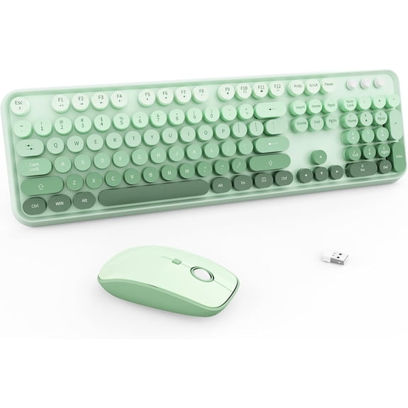 104 Round Keys Cute Colorful Keyboard Retro Typewriter Style, Full Size Keyboard with Number Pad Mouse -Green