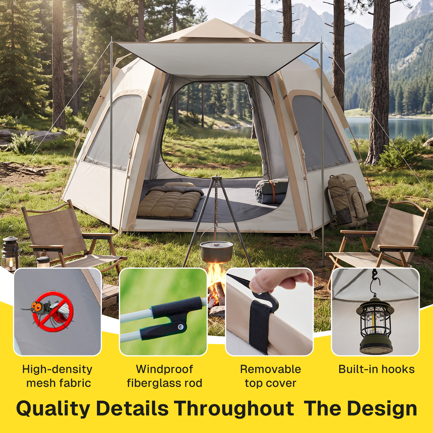 Carpa para acampar BN-LINK para 5-8 personas, impermeable y a prueba de viento, pop-up con 2 puertas, 4 ventanas grandes de malla, instalación automática instantánea para campamento, senderismo y viajes, beige 3