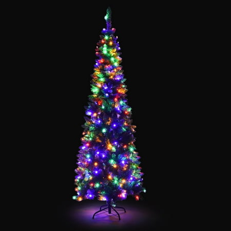 Gymax 6.5ft Pre-Lit Pencil Christmas Tree Hinged PVC Tree w/ 250 Colorful LED