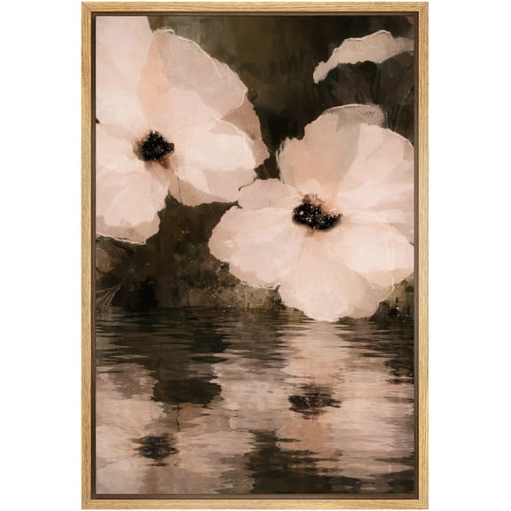 Framed Canvas Print Wall Art Soft White Poppies with Reflection Boho Chic Art for Living Room, Bedroom, Office - 16"x24" NATURAL