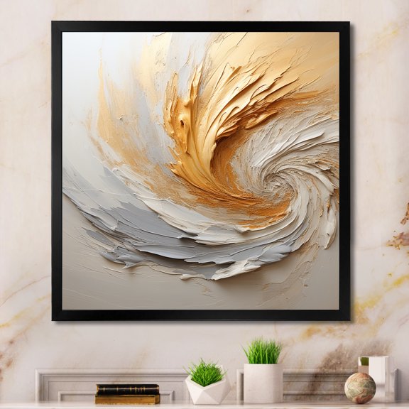 Designart "Abstract Paint Spiral in Gold and White I" Abstract Framed Wall Art Decor - Modern Gold Abstract Spirals Living Room Framed Canvas Art