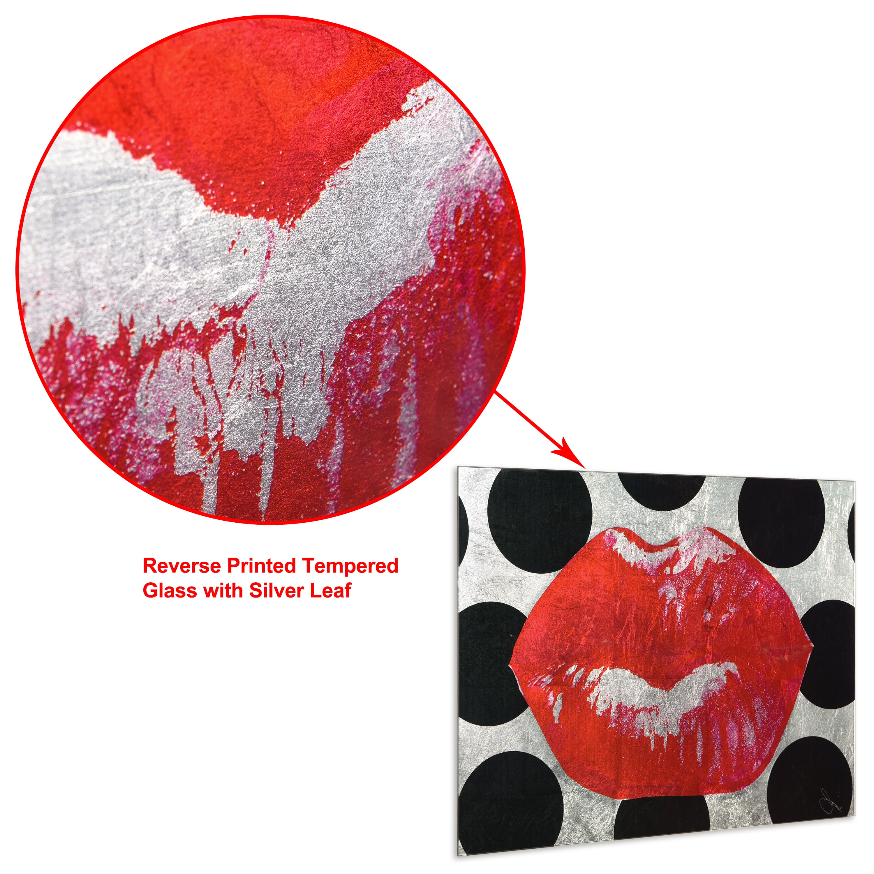 "Red Lips" Reverse Printed Tempered Glass with Silver Leaf