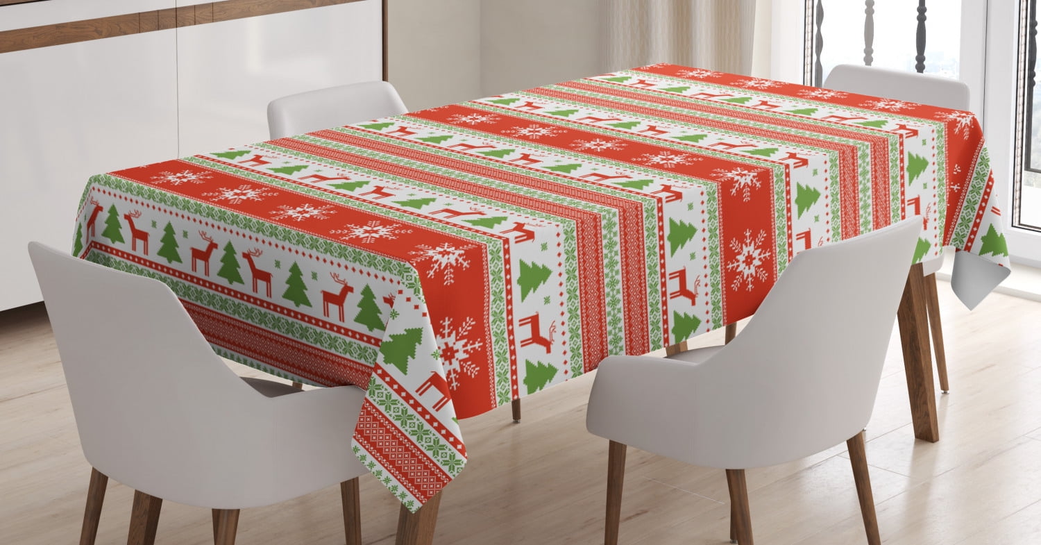 Christmas Tablecloth, Traditional Reindeer Xmas Tree Snowflake Border