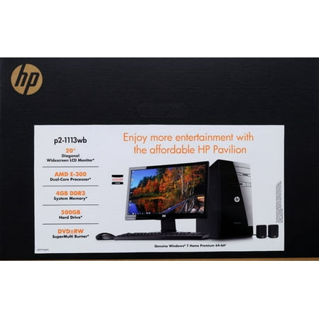 HP Black Pavilion p2-1113wb Desktop PC with AMD Dual-Core E-300 Accelerated Processor, 4GB Memory, 20" Monitor, 500GB Hard Drive and Windows 7 Home Premium