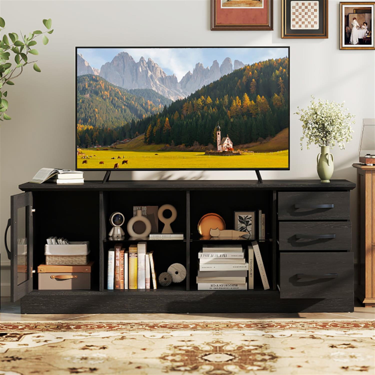 Demi Bonn TV Stand for 65" TVs, Entertainment Center with 3 Drawers and 2 Glass Shelves, Modern Media TV Console Table for Living Room Bedroom, Black