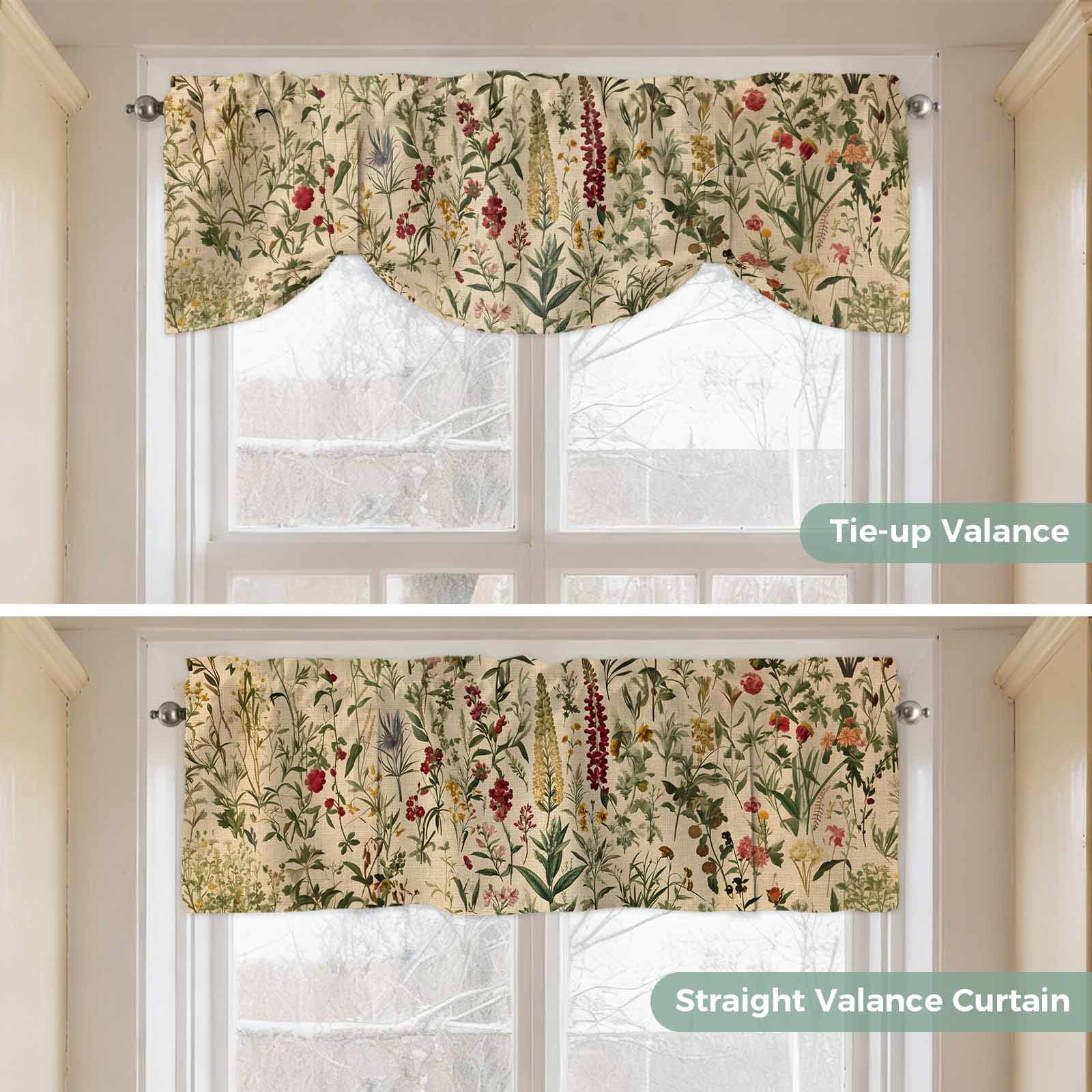 Vintage Flowers Tie Up Valances Curtain, Adjustable Kitchen Pastoral Red Flower Leaf Retro Linen Valances for Windows Decor, Rod Pocket Short Curtains Set for Bedroom/Bathroom, 42"x12"