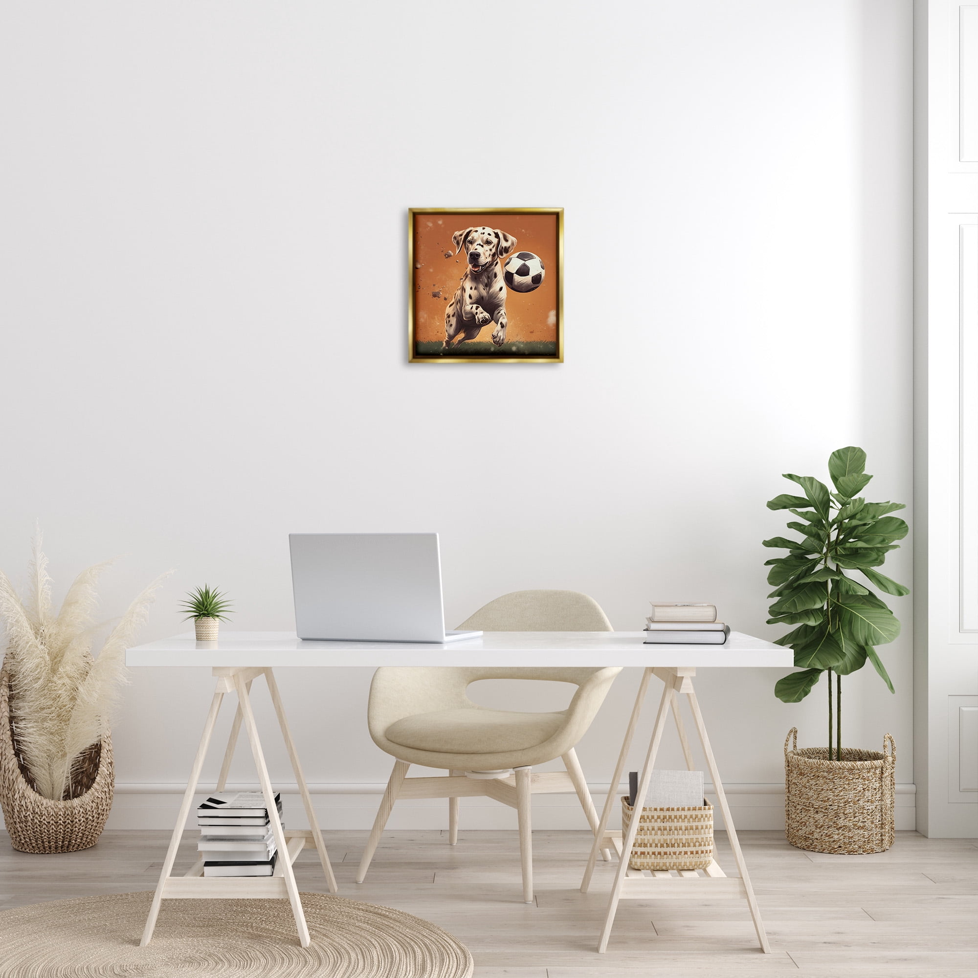 Stupell Industries Dog Playing Soccer Animals & Insects Painting Gold Floater Framed Canvas Art Print Wall Art, 18 x 18
