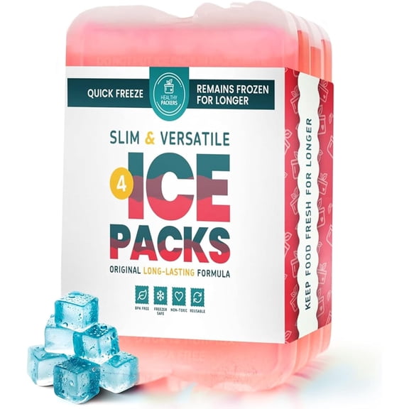 Healthy Packers Slim Ice Packs for Lunch Bags or Coolers (4 Pack, Red)