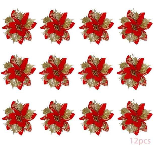 12 piezas de flor de simulación de Navidad, flor de Pascua de Navidad, flor de Navidad, decoración de abeto de Navidad, flores de Navidad artificiales (rojo dorado) LingWen 8390605491887