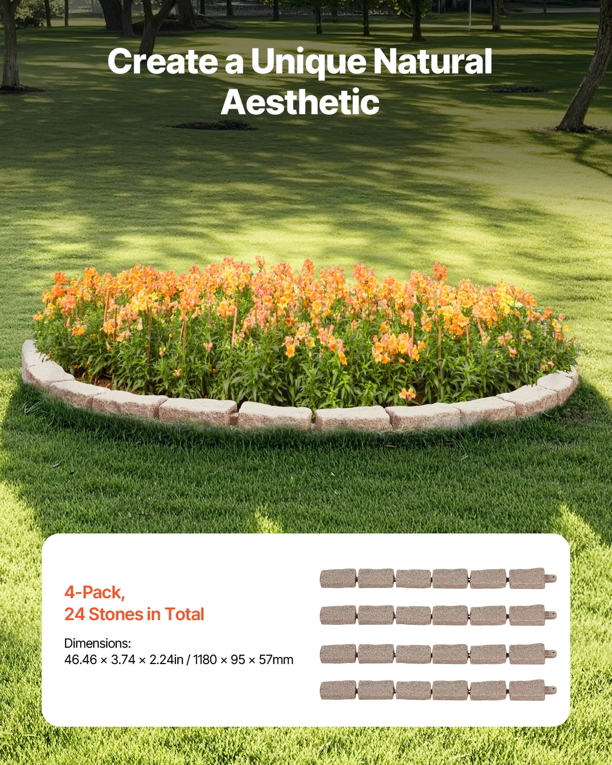 VEVOR Faux Stone Landscape Edging, 46.4 x 2.2 in Realistic Lawn Edging, Flexible Brick-Sized Garden Edging Border with Anchoring Spikes, Fade-Resistant Yard Edging for Driveways Walkway Brown