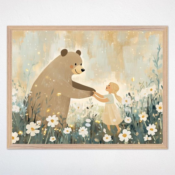 Bear And Flower Art, Whimsical Bear Nursery Wall Decor, Floral Animal Poster For Girl'S Room Wall Art, Modern Wall Decor, 8x12 UNFRAMED